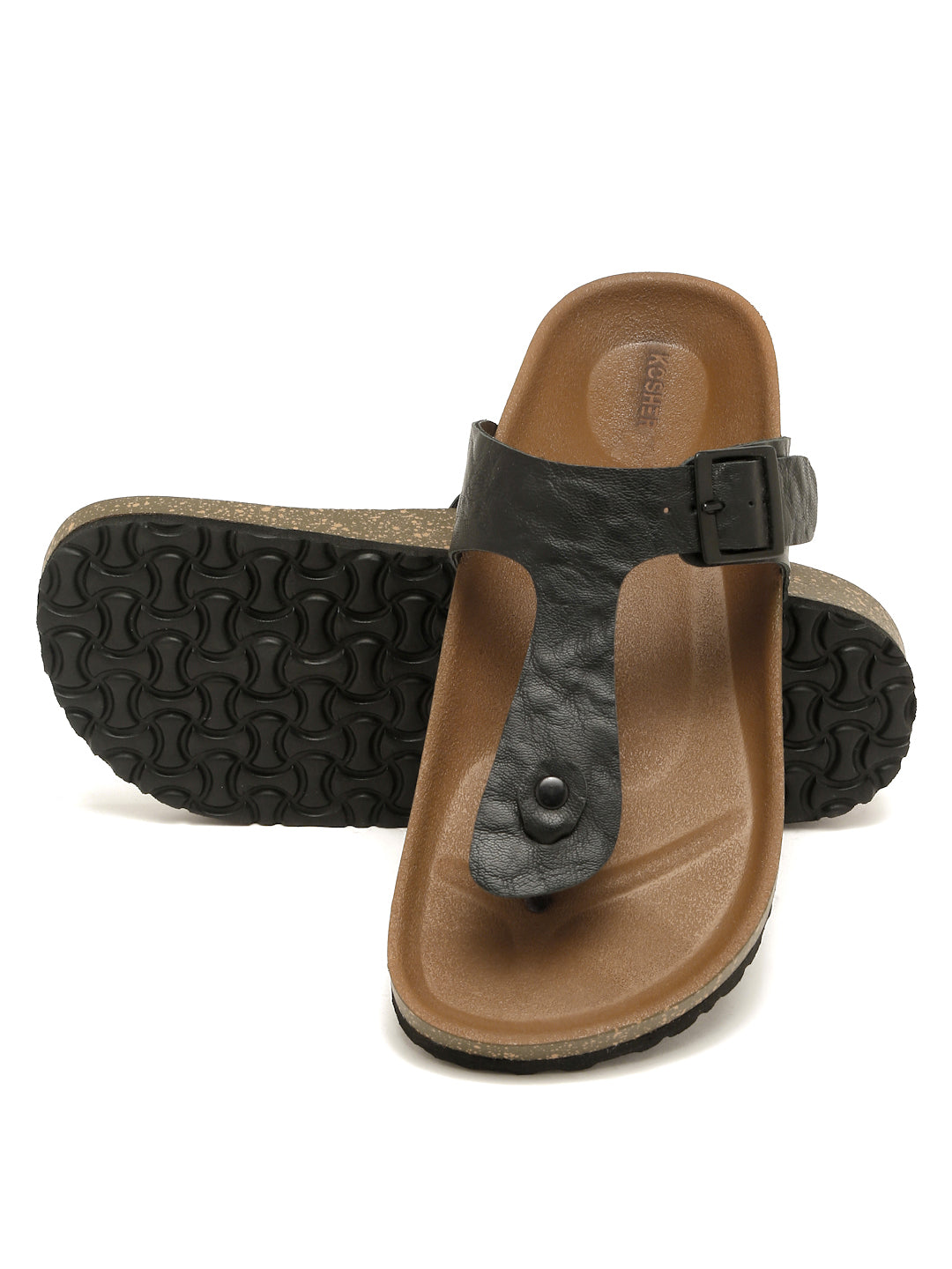 Kosher Men's Black Textured Thong-Strap Flip-Flops Slippers with Adjustable Buckle
