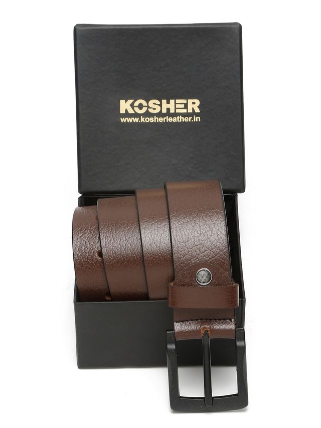 KOSHER Brown Color Men's Genuine NDM Leather Belt With Matte Black Buckle – Classic Formal & Casual Wear