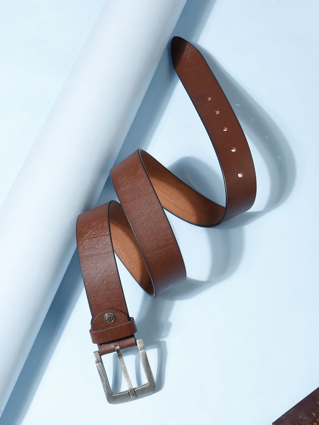 KOSHER Brown Color Textured Men’s Classic Genuine Leather Belt with Antique Silver Buckle