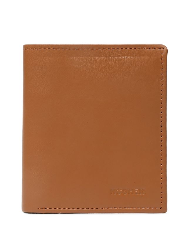 KOSHER Tan Color Men's Genuine Leather Bi-Fold Wallet With Zipper Pocket And ID Window