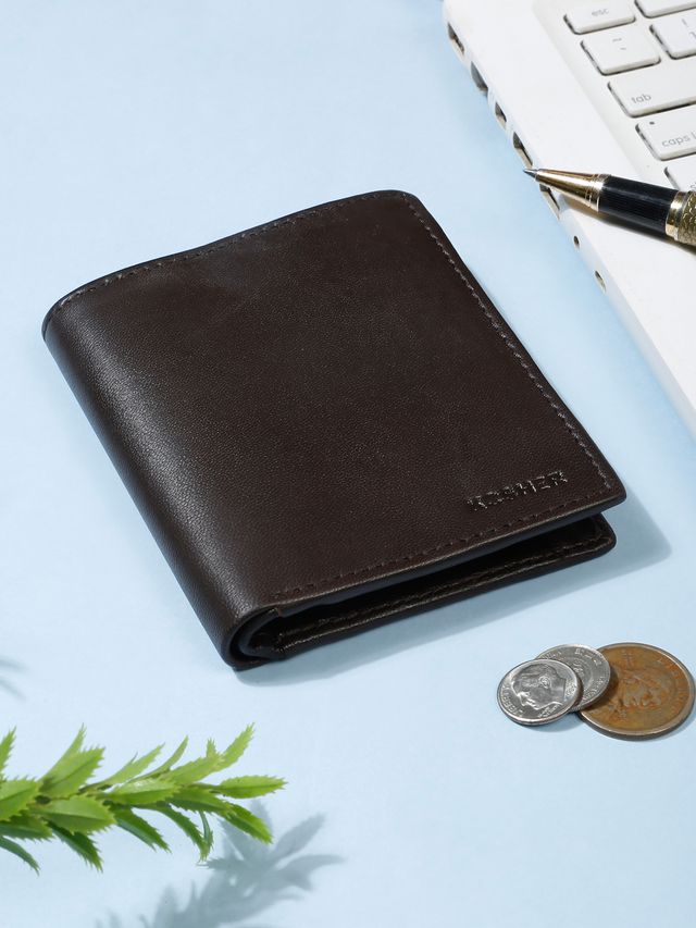 KOSHER Brown Color Men's Genuine Leather Bi-Fold Wallet With Zipper Pocket And ID Window