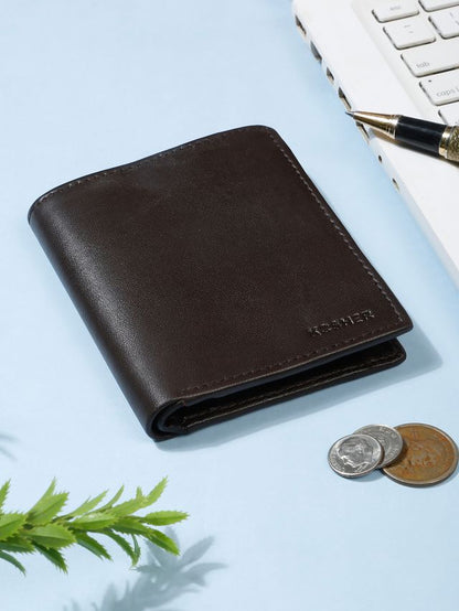 KOSHER Brown Color Men's Genuine Leather Bi-Fold Wallet With Zipper Pocket And ID Window