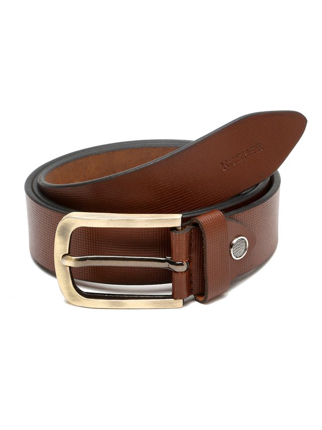 KOSHER Brown Color Men's Textured Genuine Leather Belt With Antiqe Finish Buckle – Elegant Textured Finish Belt