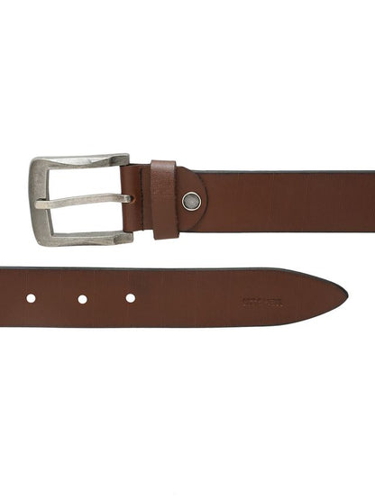KOSHER Brown Color Textured Men’s Classic Genuine Leather Belt with Antique Silver Buckle