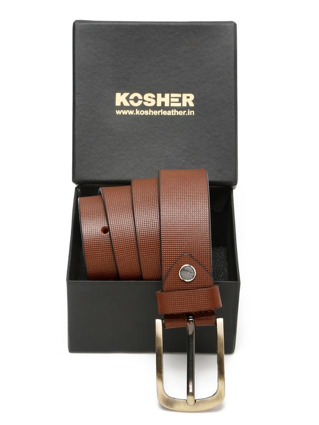 KOSHER Brown Color Men's Textured Genuine Leather Belt With Antiqe Finish Buckle – Elegant Textured Finish Belt