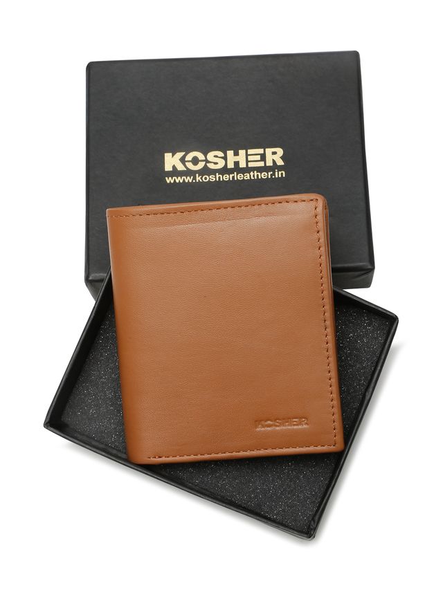 KOSHER Tan Color Men's Genuine Leather Bi-Fold Wallet With Zipper Pocket And ID Window