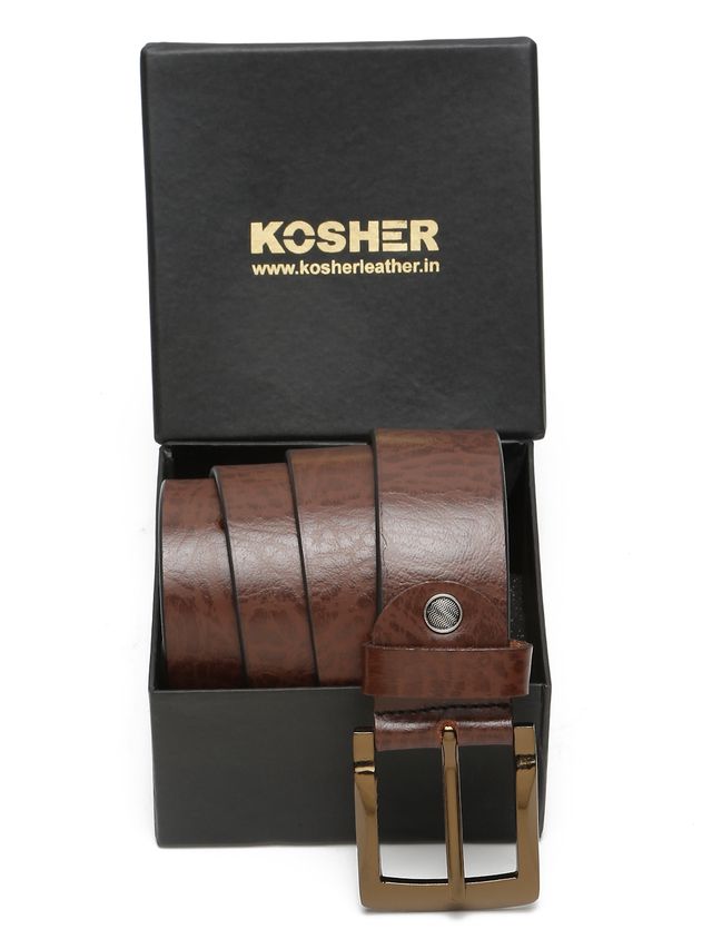 KOSHER Brown Color Men's Classic Genuine Leather Belt With Blackish Gold Finish Buckle