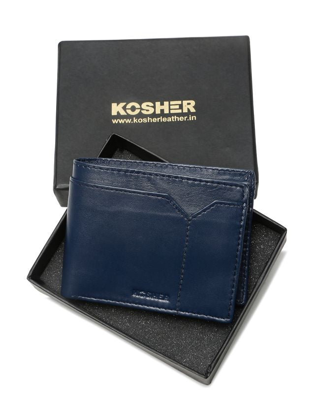 KOSHER Blue Color V Strap Premium Leather Wallet With Tich Button Coin Pocket Wallet For Men's