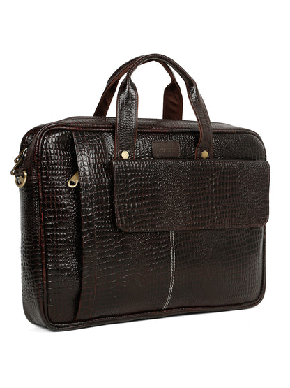 KOSHER Men's  Crocodile Textured Genuine Leather Laptop Bag with Detachable Shoulder Strap for Men / Women