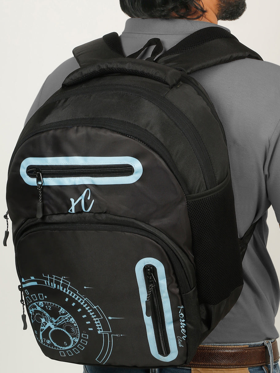Kosher Club Casual Backpack with Watch Gear Design - Black & Blue Multi-Compartments & Padded Straps