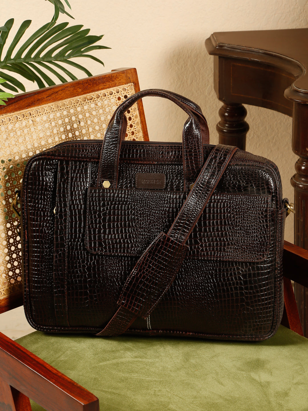 KOSHER Men's  Crocodile Textured Genuine Leather Laptop Bag with Detachable Shoulder Strap for Men / Women