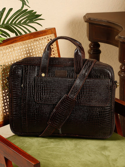 KOSHER Men's  Crocodile Textured Genuine Leather Laptop Bag with Detachable Shoulder Strap for Men / Women