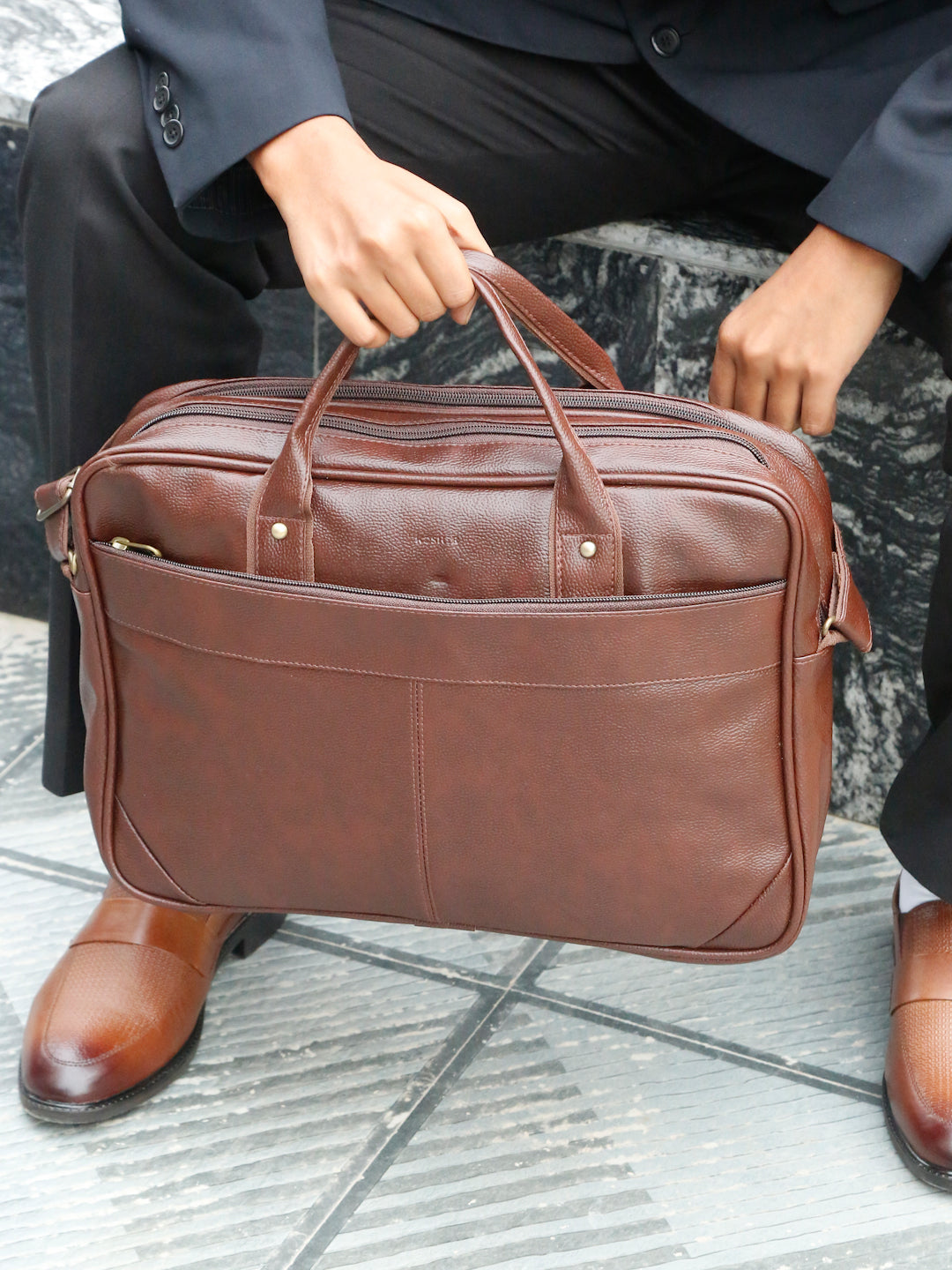KOSHER Professional Brown Faux Leather Laptop Messenger Bag for Men / Women
