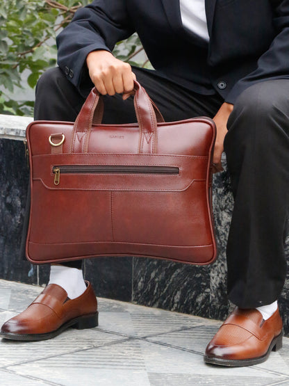 Kosher Premium Brown Faux Leather Slim Laptop Messenger Bag for Men / Women