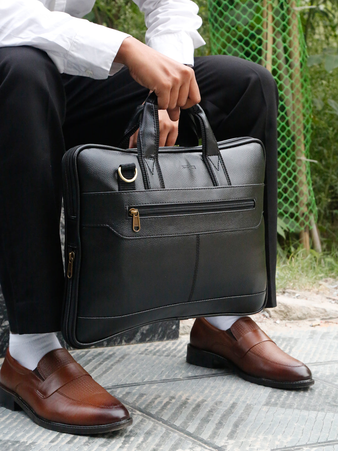 Kosher Premium Black Faux Leather Slim Laptop Messenger Bag for Men / Women