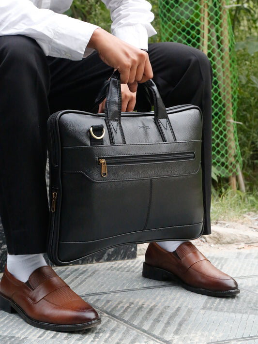 Kosher Premium Black Faux Leather Slim Laptop Messenger Bag for Men / Women