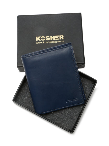 KOSHER Blue Color Men's Genuine Leather Bi-Fold Wallet With Zipper Pocket And ID Window