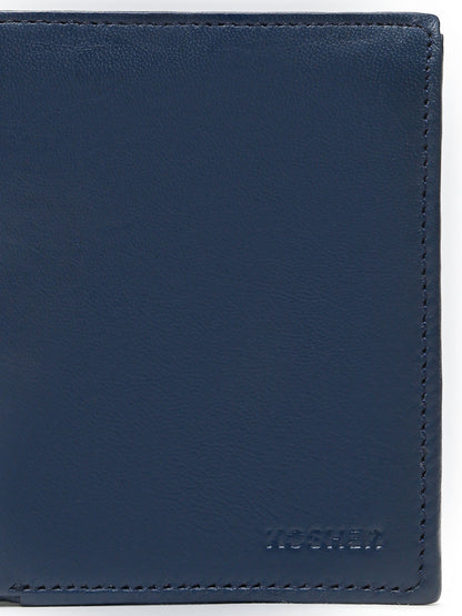 KOSHER Blue Color Men's Genuine Leather Bi-Fold Wallet With Zipper Pocket And ID Window