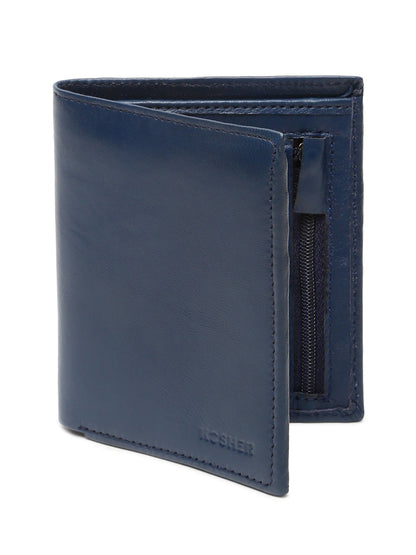 KOSHER Blue Color Men's Genuine Leather Bi-Fold Wallet With Zipper Pocket And ID Window