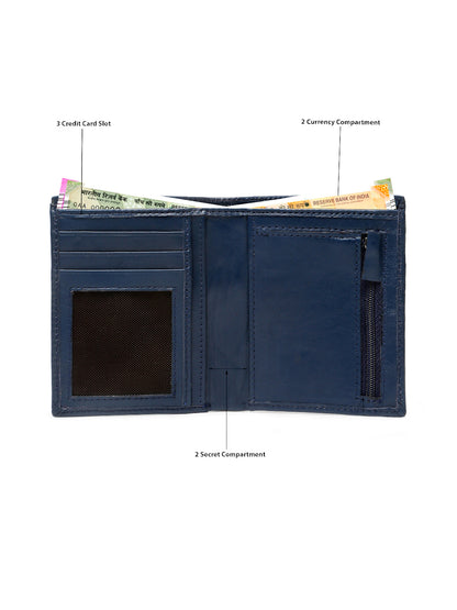 KOSHER Blue Color Men's Genuine Leather Bi-Fold Wallet With Zipper Pocket And ID Window