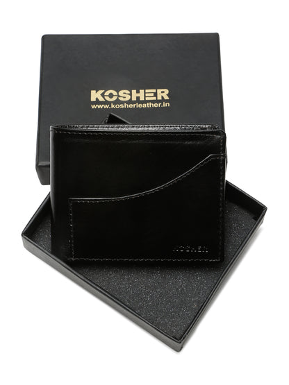 KOSHER Black Color Premium Men's Classic Leather Wallet With Coin Pocket and Rear Card Slots