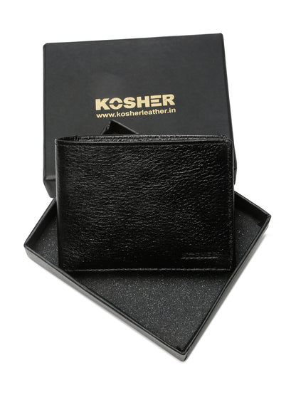 KOSHER Black Color Men,s Classic Bi-Fold Premium Leather Wallet with Coin Pocket & Rear Slip Pocket For Card Slots