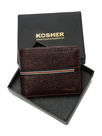 Kosher Premium D.Brown Leather Wallet for Men – Stylish & Durable with Multi-Stripe Design