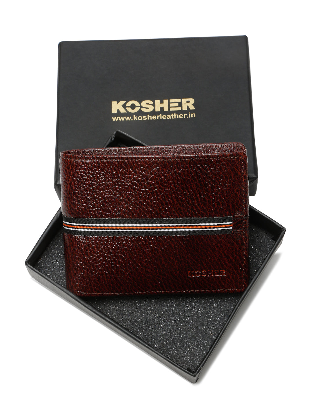 Kosher Premium Brown Leather Wallet for Men – Stylish & Durable with Multi-Stripe Design