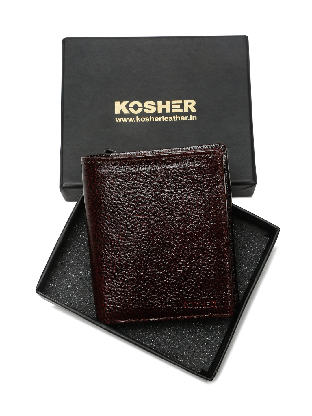 KOSHER D.Brown Color Men's Genuine Leather Bi-Fold Wallet Book Shape With Coin Pocket