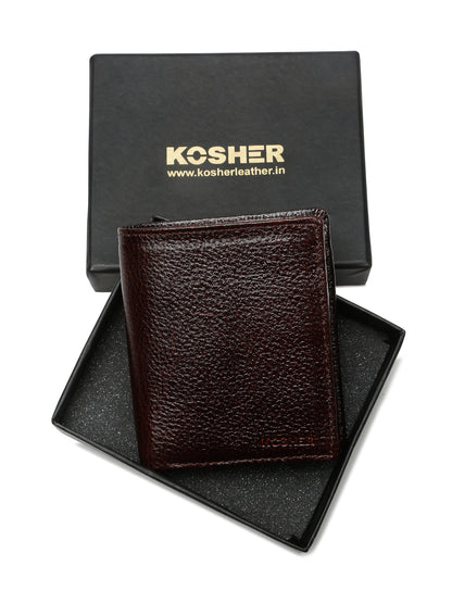 KOSHER D.Brown Color Men's Genuine Leather Bi-Fold Wallet Book Shape With Coin Pocket