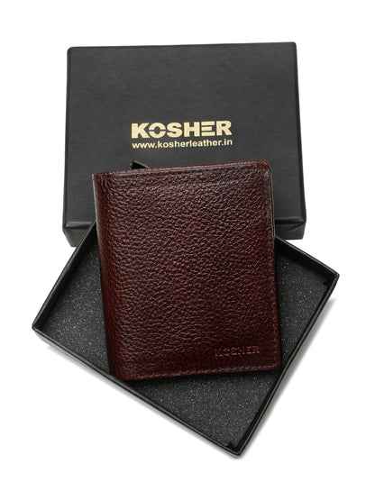 KOSHER Brown Color Men's Genuine Leather Bi-Fold Wallet Book Shape With Coin Pocket