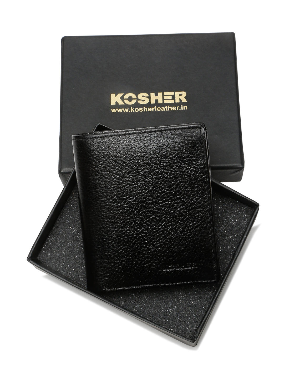KOSHER Black Color Men's Genuine Leather Bi-Fold Wallet Book Shape With Coin Pocket