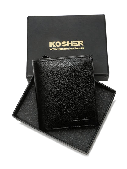 KOSHER Black Color Men's Genuine Leather Bi-Fold Wallet Book Shape With Coin Pocket