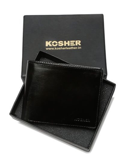 KOSHER Black Color Men's Classic Bi-Fold Leather Wallet With Flap ID Card Window And Multiple Card Slots