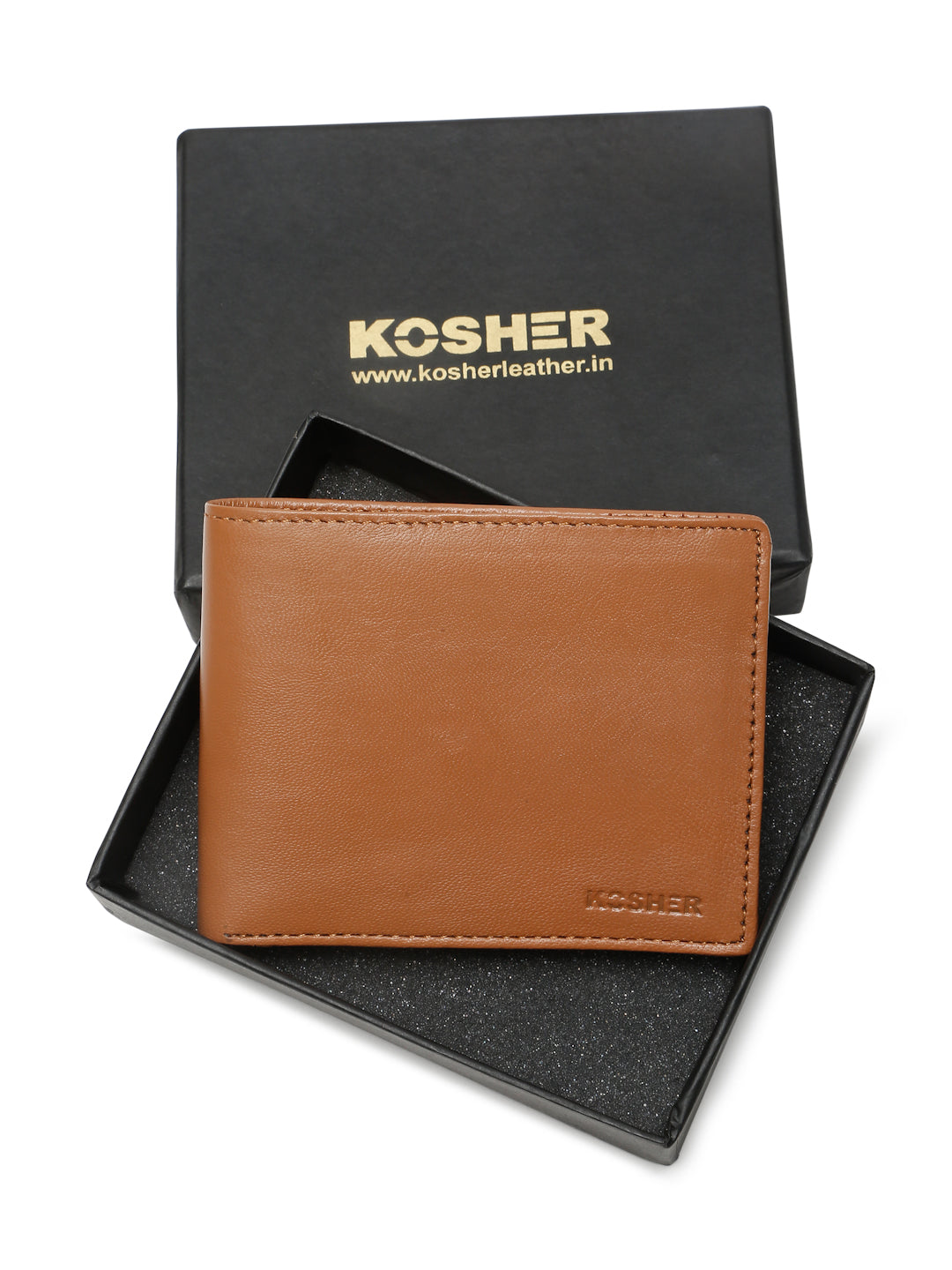 KOSHER Tan Color Men's Genuine Leather Bi-Fold Wallet Slim Design With Card Slots & ID Window
