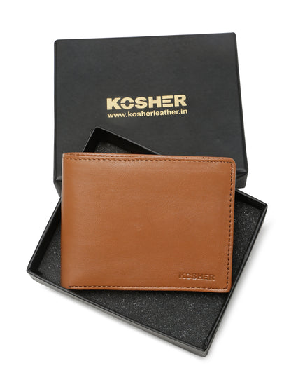 KOSHER Tan Color Men's Genuine Leather Bi-Fold Wallet Slim Design With Card Slots & ID Window