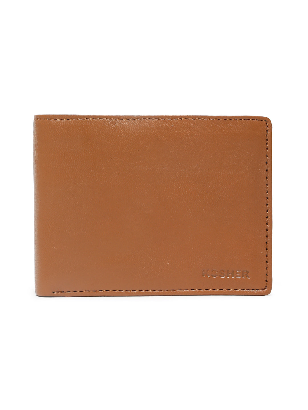 KOSHER Tan Color Men's Genuine Leather Bi-Fold Wallet Slim Design With Card Slots & ID Window