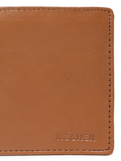 KOSHER Tan Color Men's Genuine Leather Bi-Fold Wallet Slim Design With Card Slots & ID Window