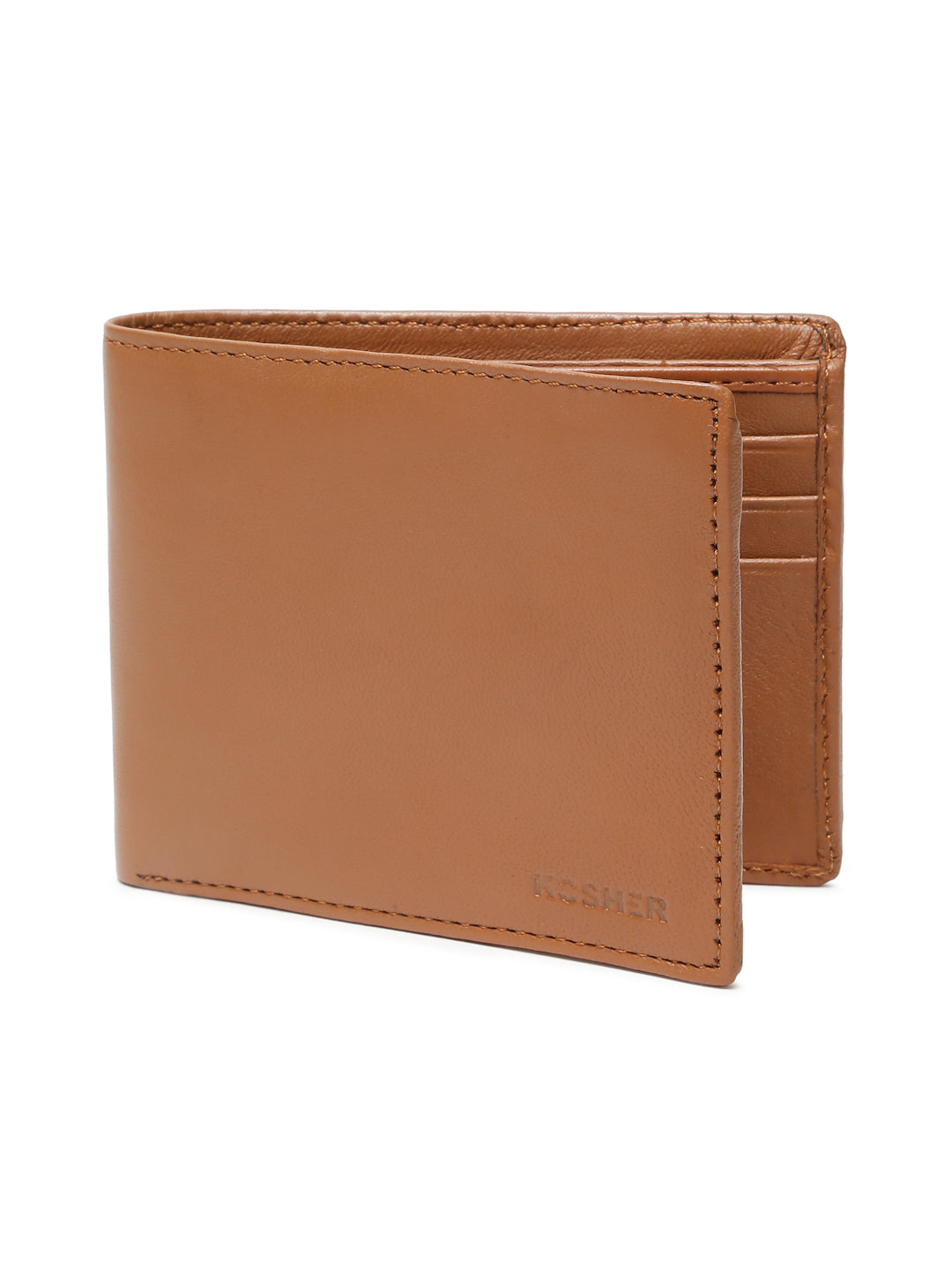 KOSHER Tan Color Men's Genuine Leather Bi-Fold Wallet Slim Design With Card Slots & ID Window