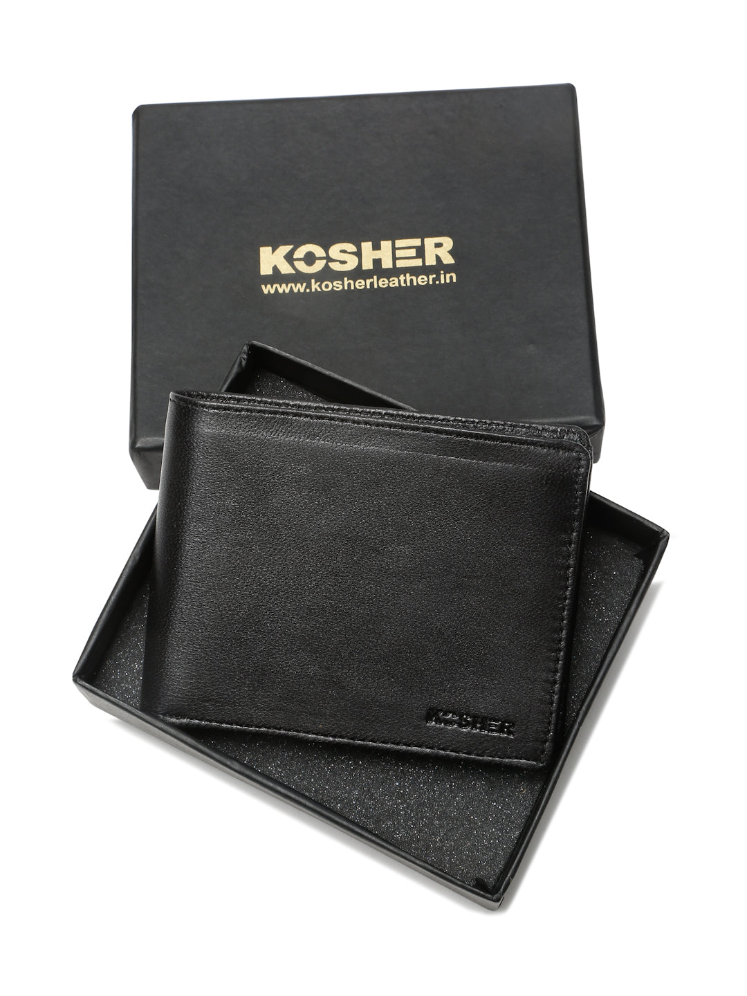 KOSHER Black Color Men's Genuine Leather Bi-Fold Wallet Slim Design With Card Slots & ID Window