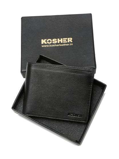 KOSHER Black Color Men's Genuine Leather Bi-Fold Wallet Slim Design With Card Slots & ID Window