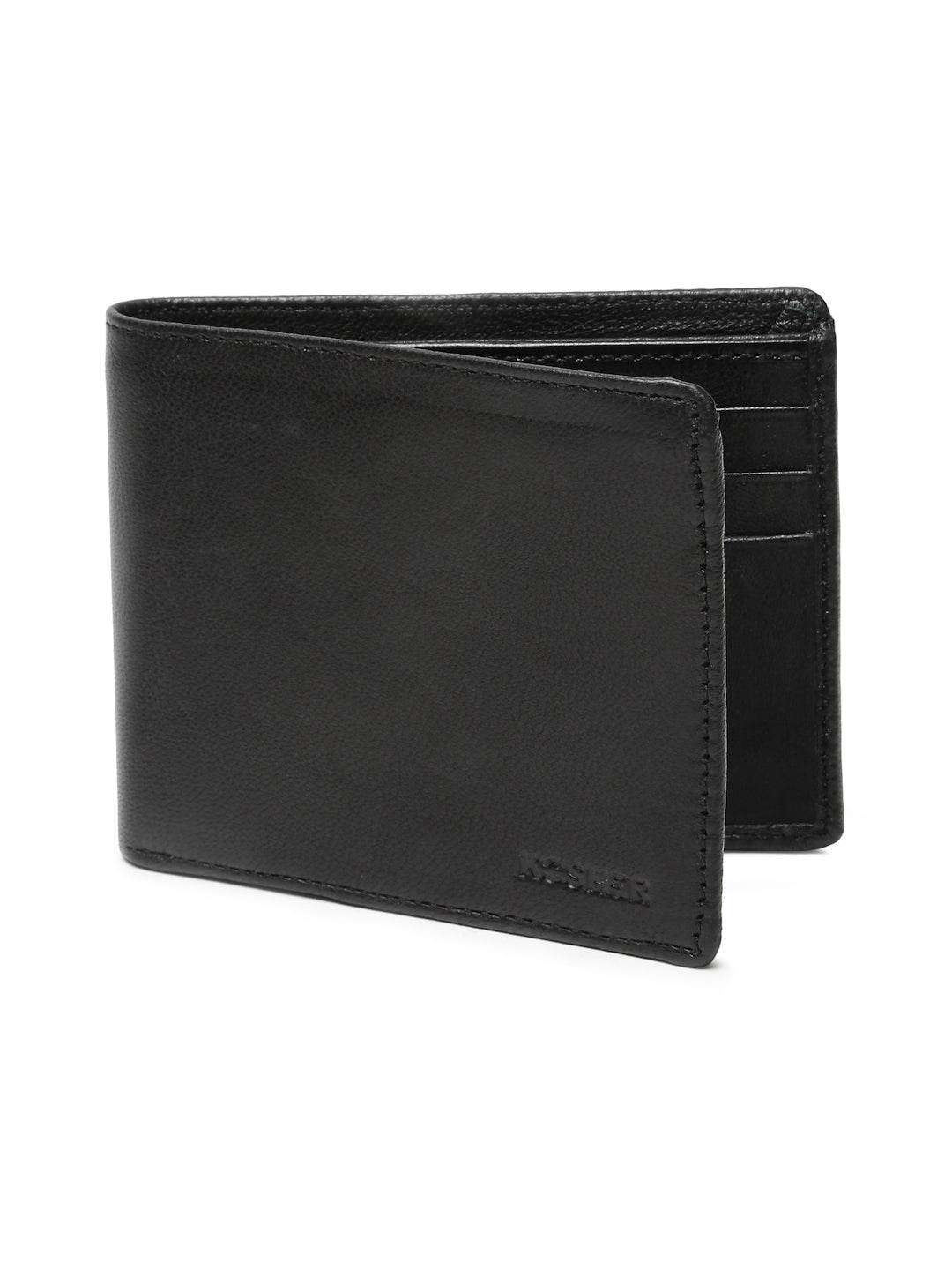 KOSHER Black Color Men's Genuine Leather Bi-Fold Wallet Slim Design With Card Slots & ID Window
