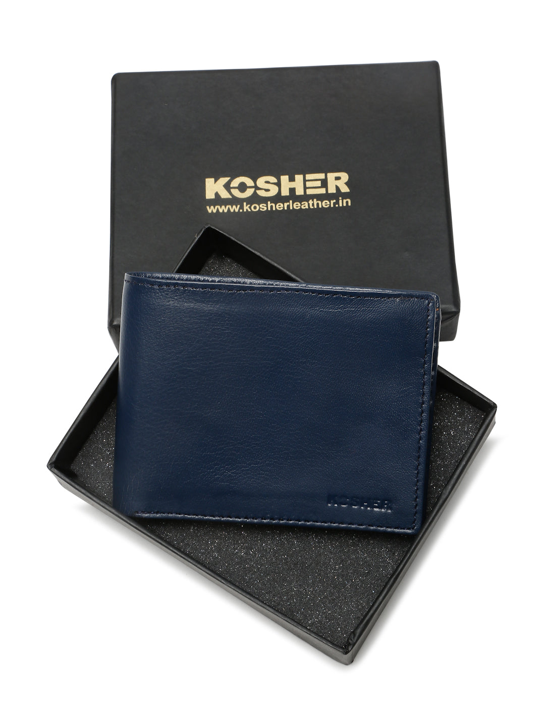 KOSHER Blue Color Men's Genuine Leather Bi-Fold Wallet Slim Design With Card Slots & ID Window