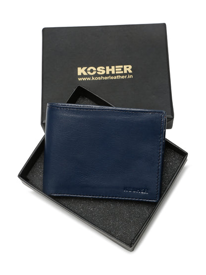 KOSHER Blue Color Men's Genuine Leather Bi-Fold Wallet Slim Design With Card Slots & ID Window