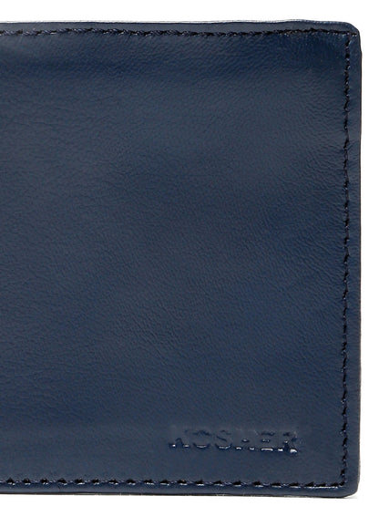 KOSHER Blue Color Men's Genuine Leather Bi-Fold Wallet Slim Design With Card Slots & ID Window
