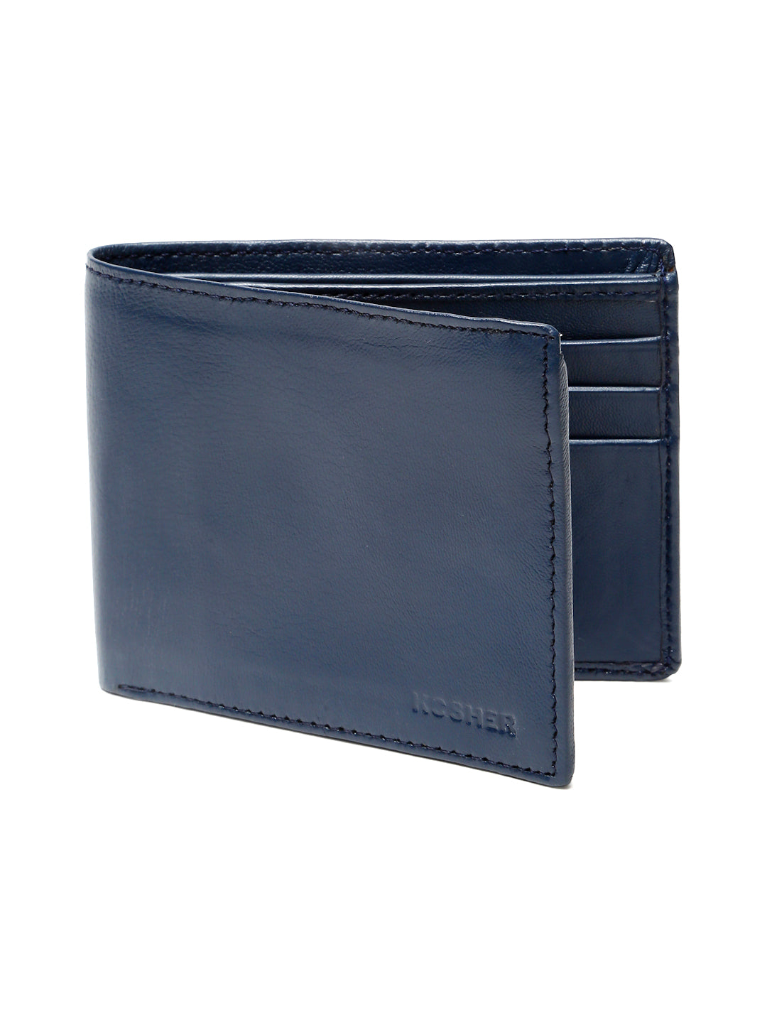 KOSHER Blue Color Men's Genuine Leather Bi-Fold Wallet Slim Design With Card Slots & ID Window