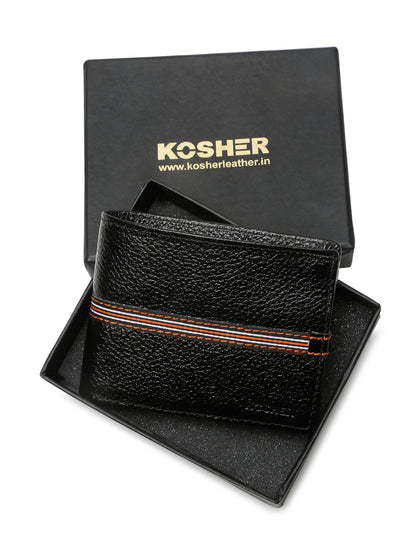 Kosher Premium Black Leather Wallet for Men – Stylish & Durable with Multi-Stripe Design