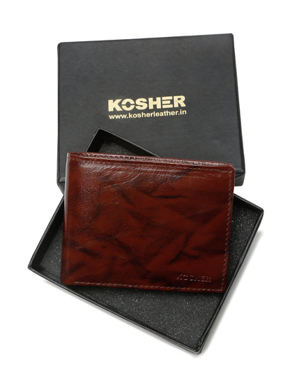 KOSHER Brown Color Men's Classic Bi-Fold Leather Wallet With Flap ID Card Window And Multiple Card Slots
