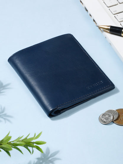 KOSHER Blue Color Men's Genuine Leather Bi-Fold Wallet With Zipper Pocket And ID Window
