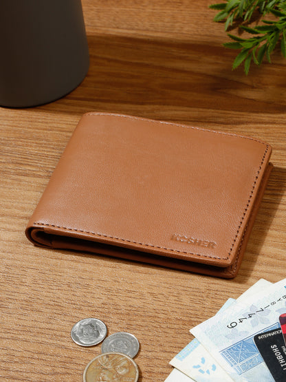 KOSHER Tan Color Men's Genuine Leather Bi-Fold Wallet Slim Design With Card Slots & ID Window